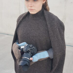 wool mittens with brown undertones with light blue thumbs