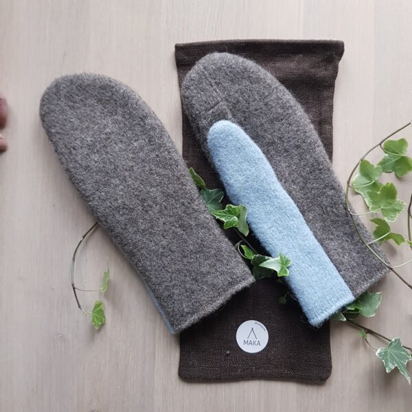 Gray wool mittens with brown undertones with light blue thumbs